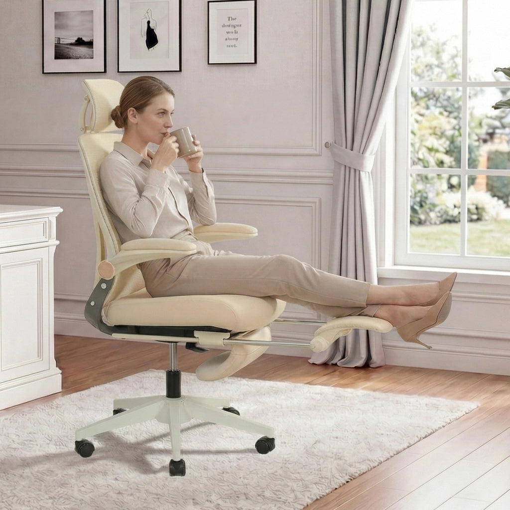 Sedia da ufficio ergonomica pieghevole salvaspazio con poggiatesta 3D, supporto lombare e schienale crema 65 × 61 × 40.5 cm
