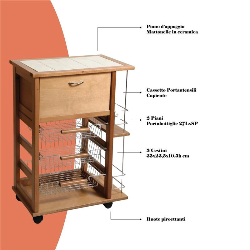 CARRELLO VESUVIO PORTAPANE+PORTABOTTIGLIE ROVERE IN FAGGIO BASE INFERIORE MULTISTRATO DI BETULLA 1 CASSETTO 3 CESTELLI PIANO MATTONELLE IN CERAMICA