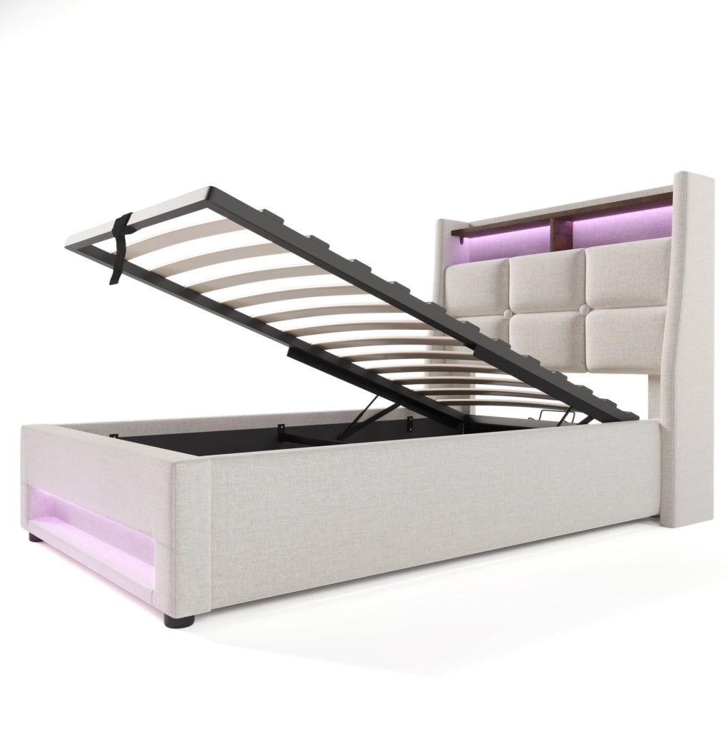 Letto matrimoniale imbottito 90x200 cm con LED e USB; in tessuto lino beige chiaro