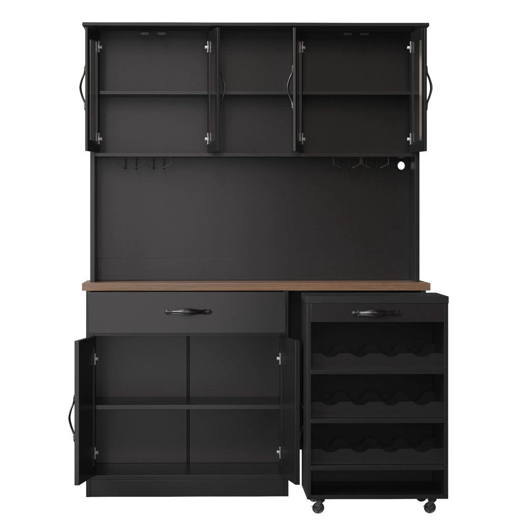 Credenza 140x38x180 cm con carrello estraibile e illuminazione LED dimmerabile; MDF nera