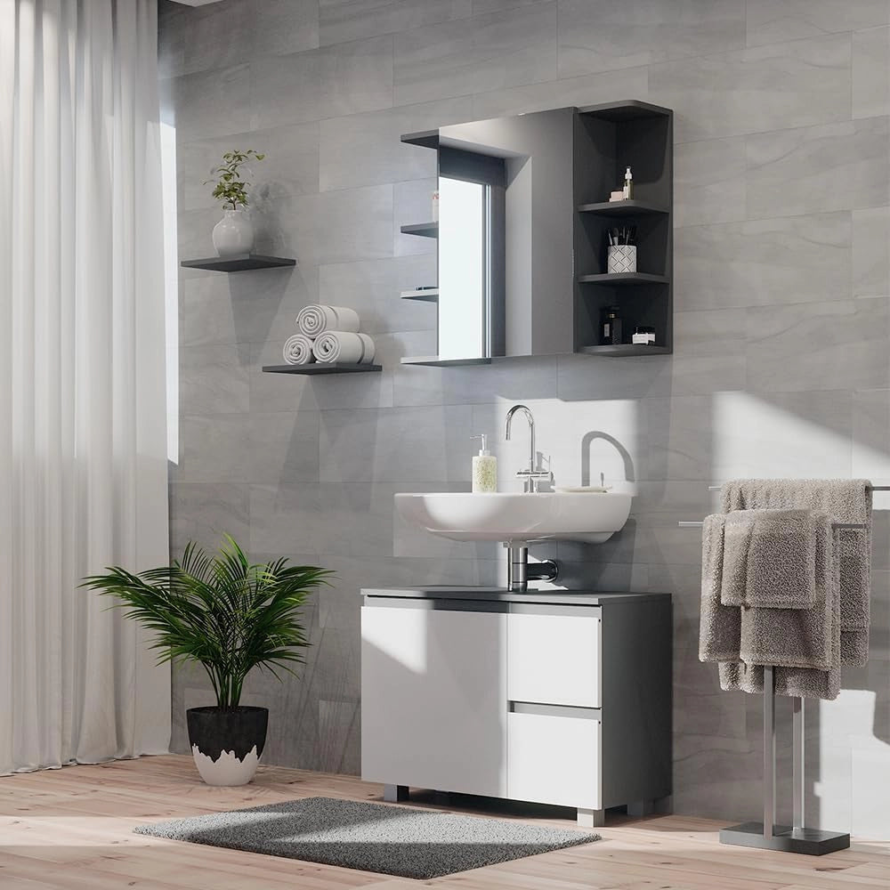 Mobile sottolavabo per bagno J-Shape, Antracite/bianco, 80 x 60.8 cm, con intaglio per sifone per l’installazione sotto il lavandino