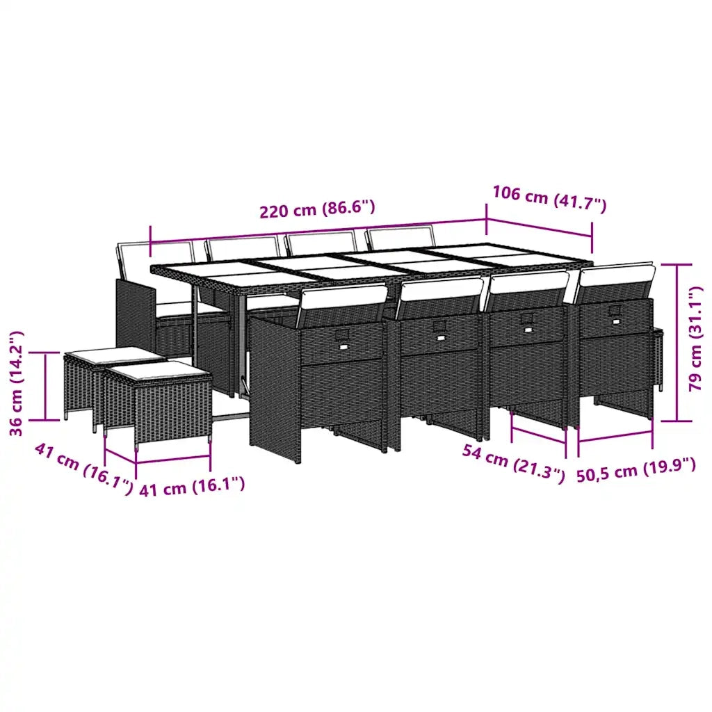 Set da Pranzo da Giardino 13pz con Cuscini Nero in Polyrattan