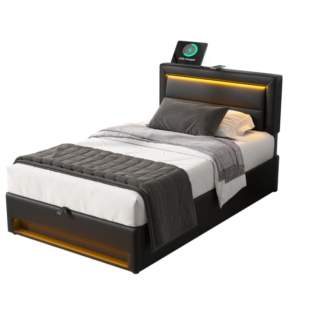 Letto imbottito 90x190 cm in PU con LED; USB e contenitore; nero