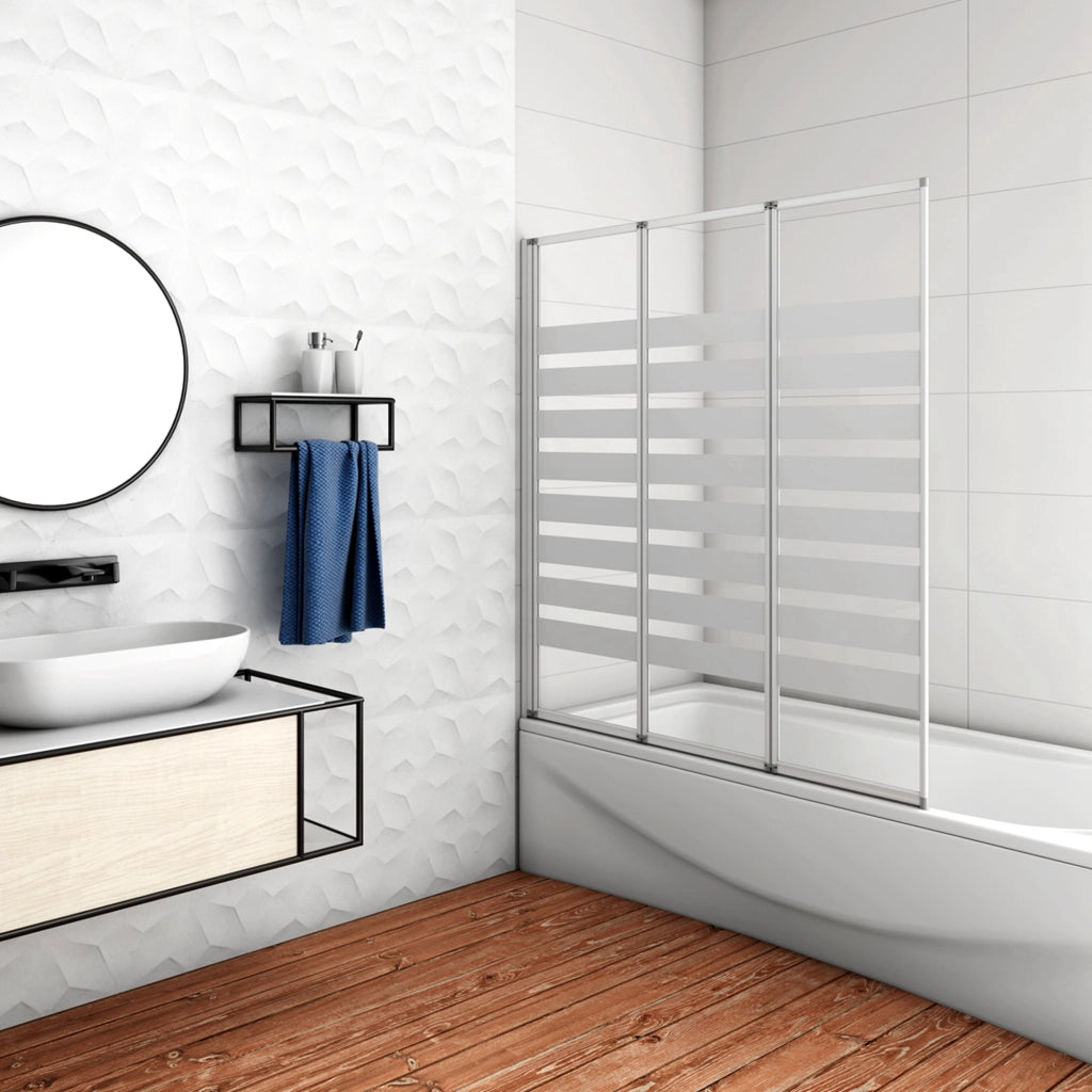 100x140 cm Parete Vasca da Bagno Doccia 3 Ante Pieghevoli a Libro Montaggio Verso Sinistro Vetro 4 mm Temperato Fasce Bianche Opache Telaio Argento Opaco