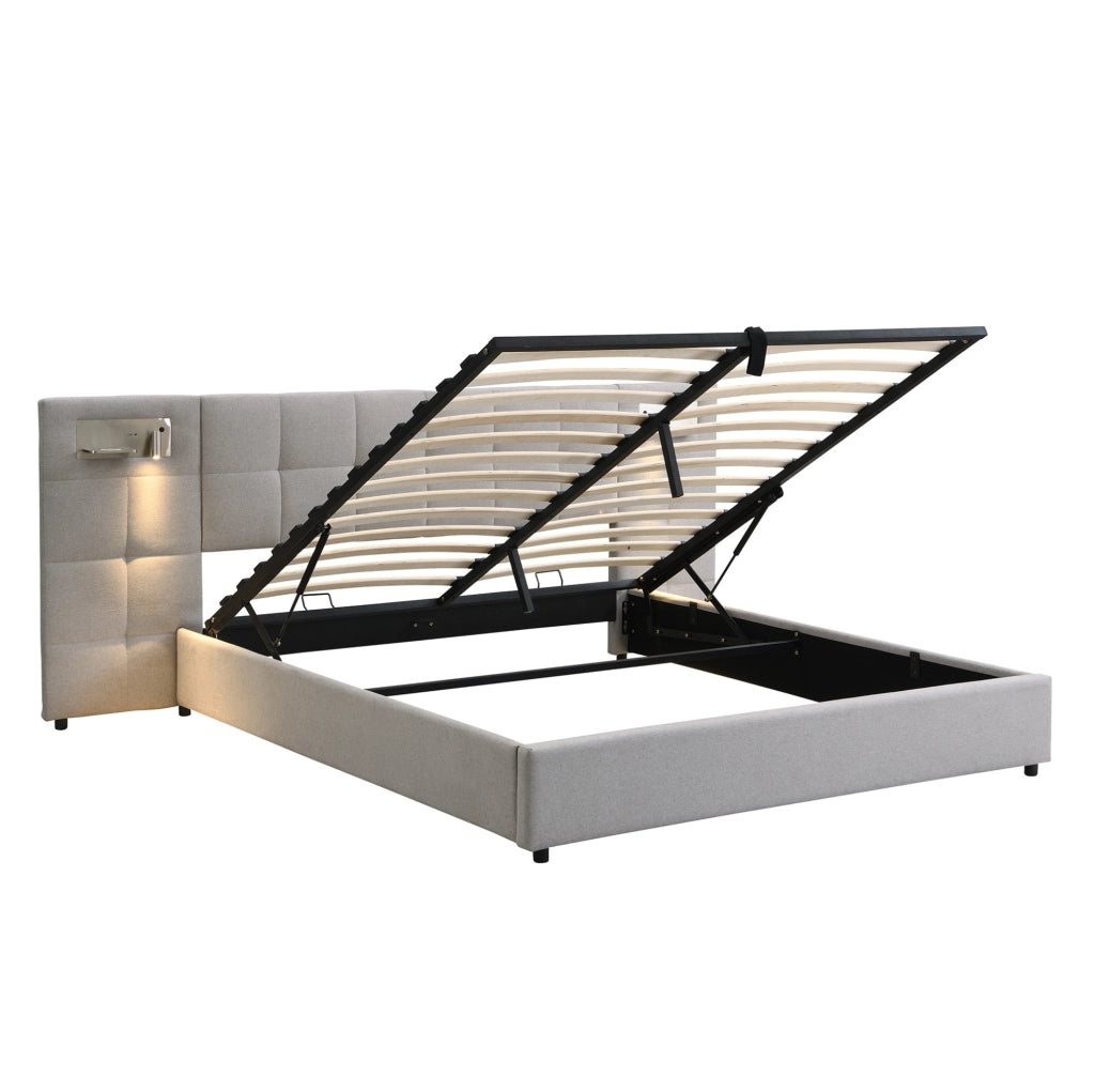 Letto imbottito 180x200 cm con USB; ricarica wireless; luce e contenitore; grigio