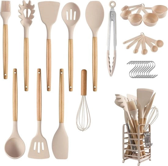 Set di Cucina in Silicone a 32 Pezzi - Set di Cucina Resistente al Calore con Maniglia in Legno - Smalto Antiforfora - Kaki