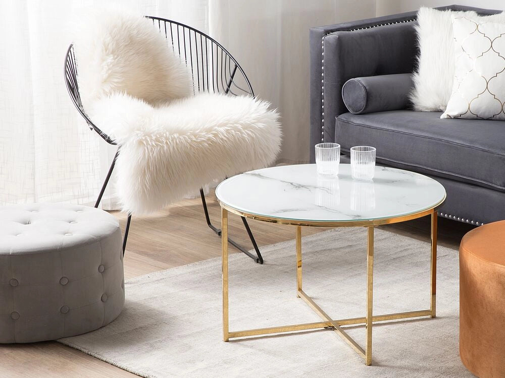 Tavolino Rotondo Effetto Marmo Base dorato Bianco 70 cm Glam Moderno Minimalista
