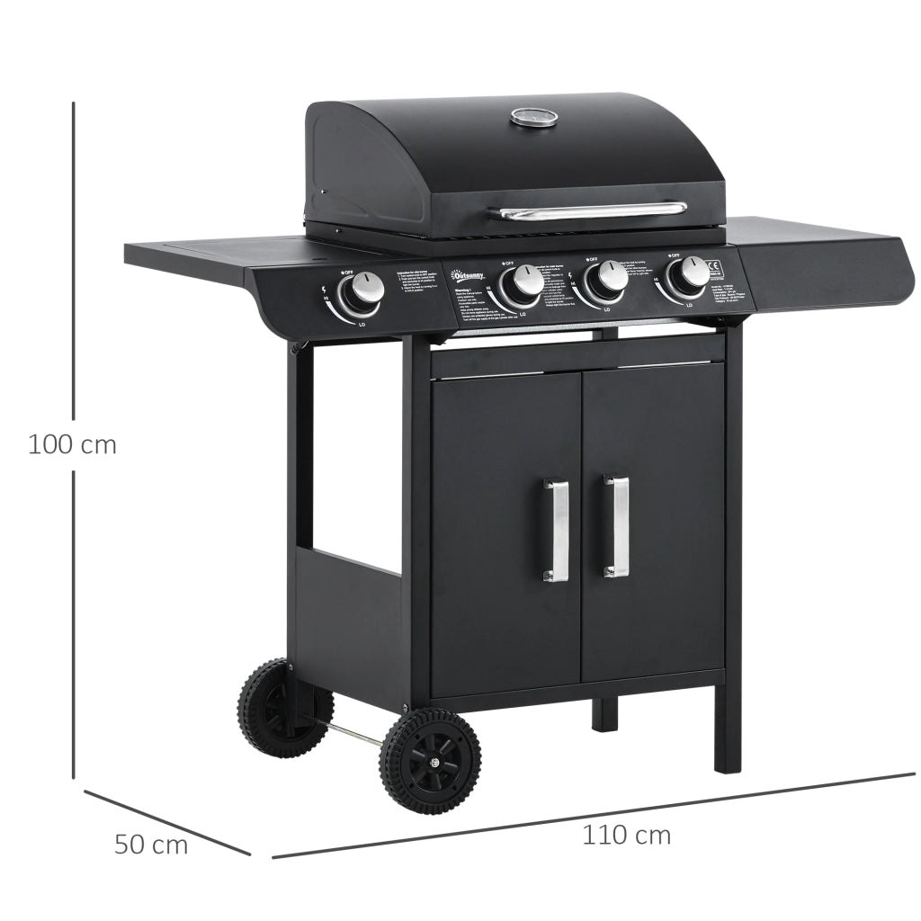 Barbecue a gas con 3 bruciatori + 1 laterale, ripiano, acciaio inox, nero, 110x50x100 cm ¨C zephmum