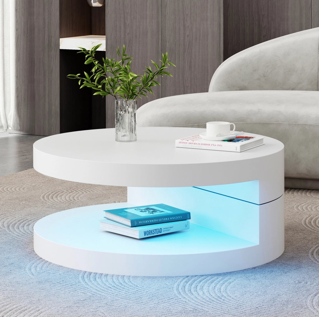 Tavolino da caffè rotondo MDF bianco con LED e piano girevole