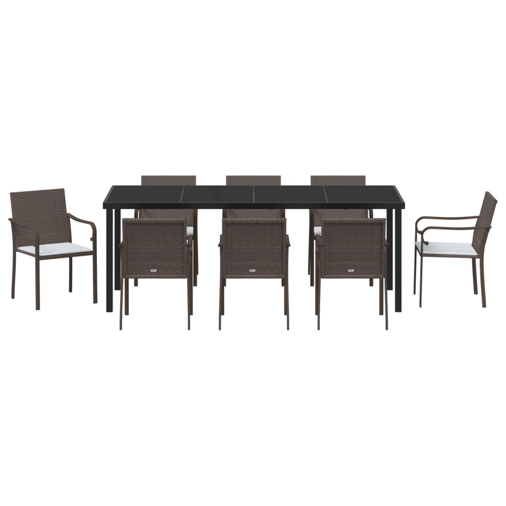 Set da Pranzo da Giardino 9 Pezzi con Cuscini in Polyrattan Marrone