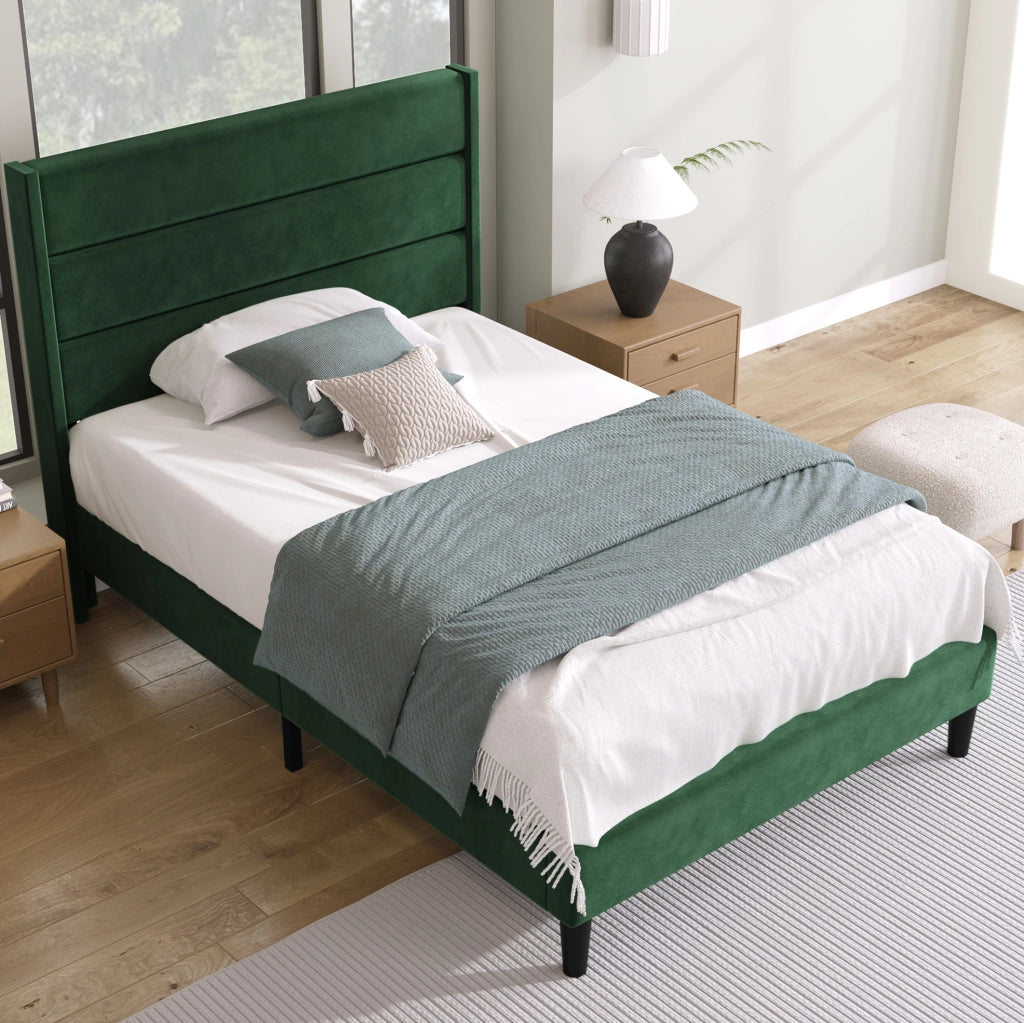 Letto imbottito 90x200 cm con testiera e rete; velluto verde