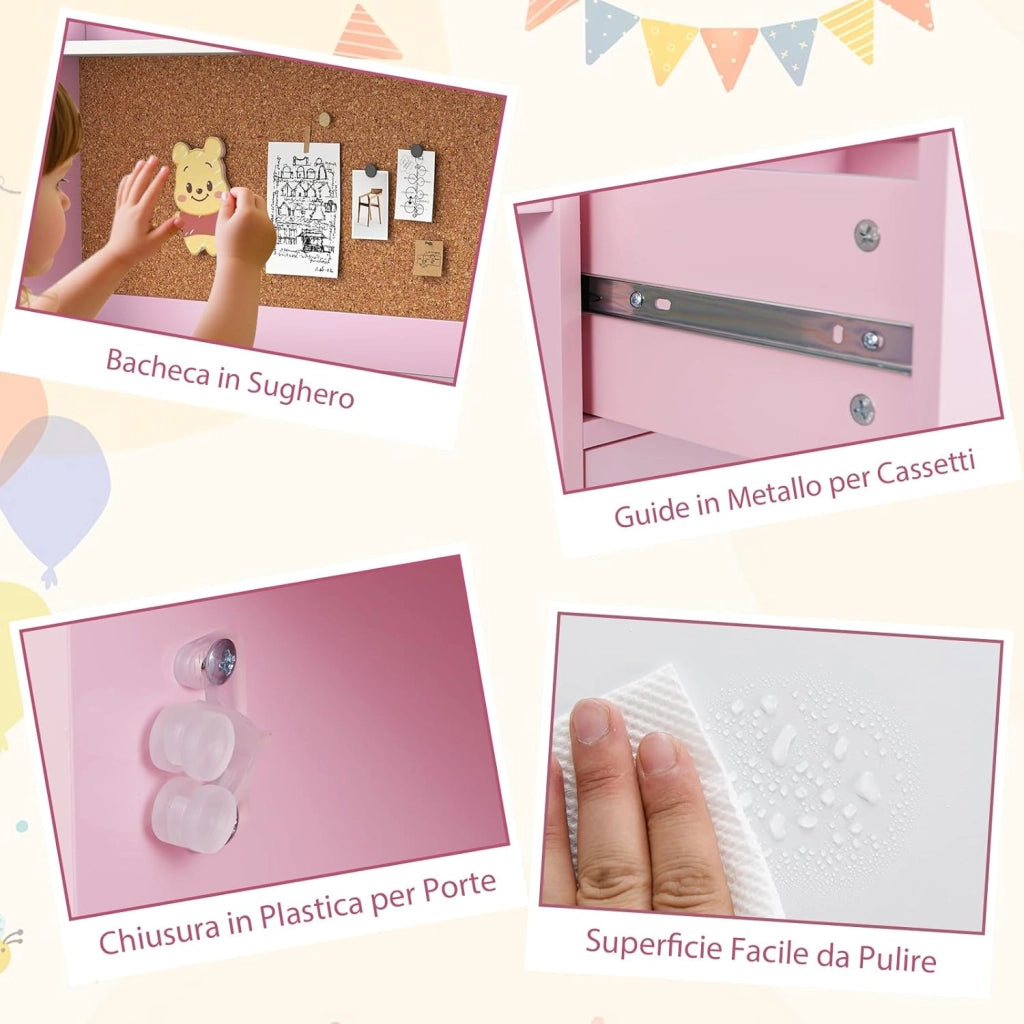 Set Scrivania e Sedia per Bambini 3+ Anni, Tavolo da Scrittura in Legno con Mensole, Cassetto e Bacheca in Sughero, Tavolo e Sedia per Disegno e Studio (Rosa)