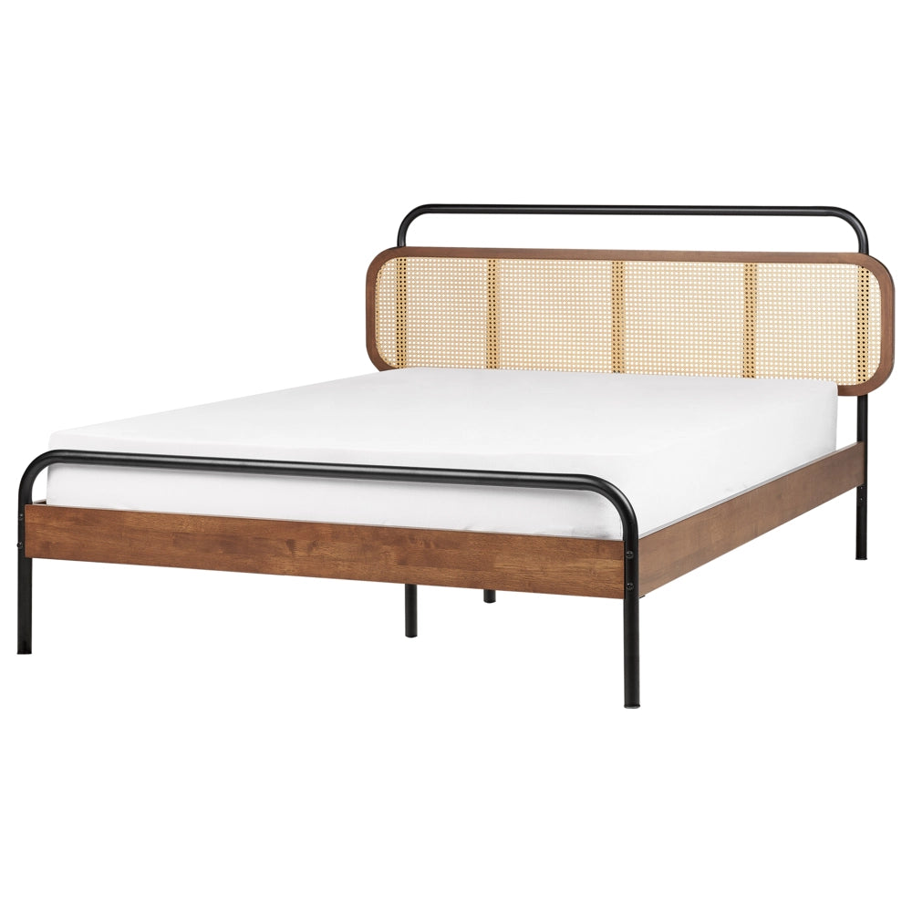 Letto matrimoniale moderno base a doghe con testata a treccia viennese in legno di gomma scuro 140 x 200 cm