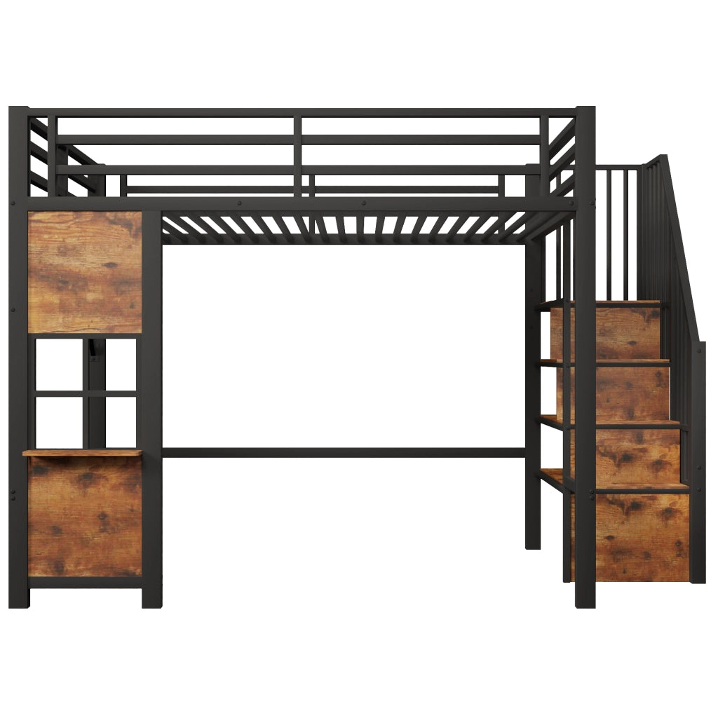 Letto a soppalco 140x200 cm in metallo e MDF nero con scala contenitore