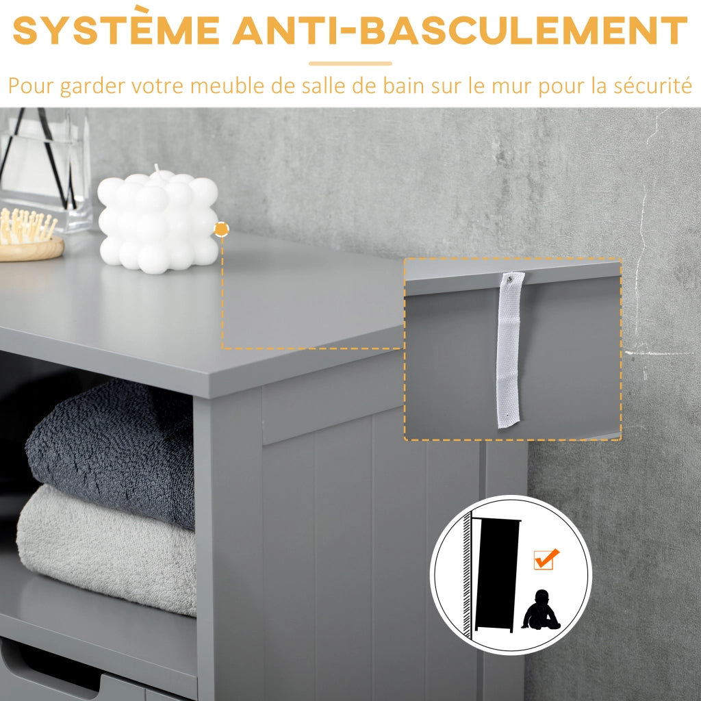 Mobile Bagno con 2 Cassetti, Nicchia, Armadietto e Ripiano Regolabile ¨C Zephmum ¨C Grigio 60x30x109 cm