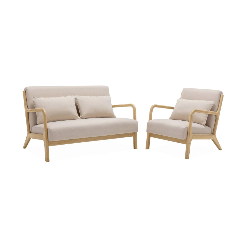 Panca stile scandinavo in legno e tessuto, 2 posti, beige