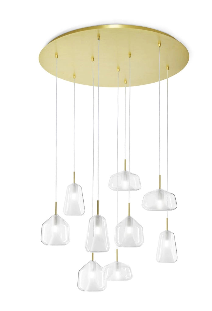 X-RAY LAMPADARIO A SOSPENSIONE 9 LUCI STRUTTURA RETTANGOLARE ORO COMPOSIZIONE MISTA VETRI TRASPARENTI ATTACCO G9