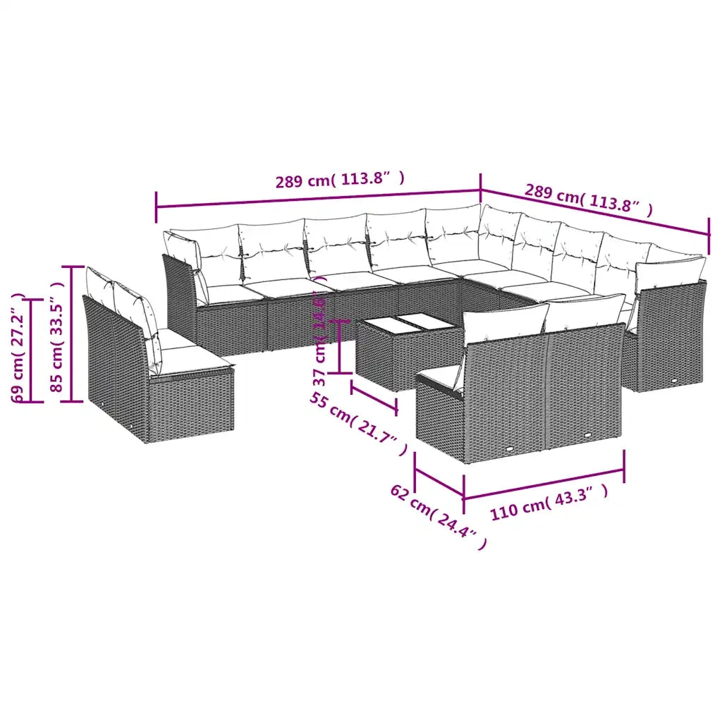 Set Divani da Giardino 13 pz con Cuscini Nero in Polyrattan 3218377