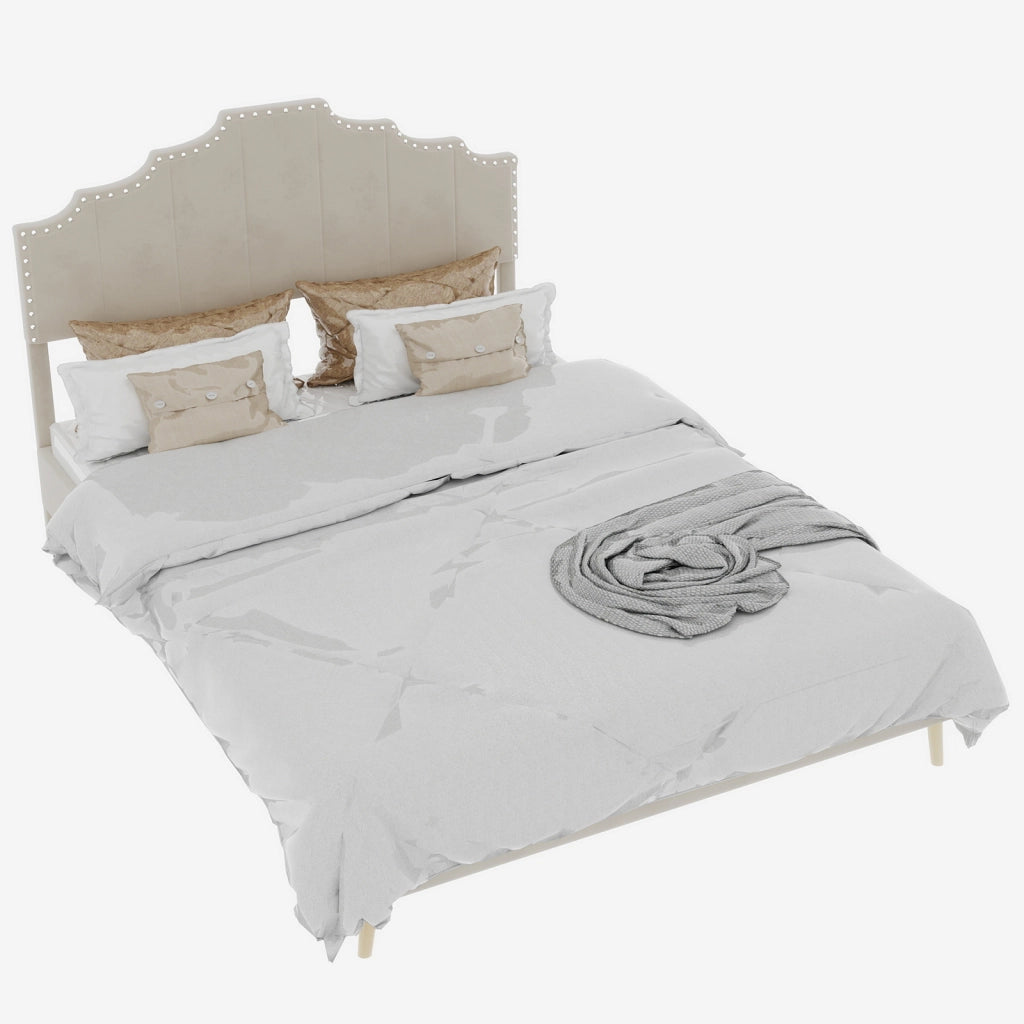 Letto 160x200 cm con Testiera Geometrica; in Tessuto e Metallo; Beige