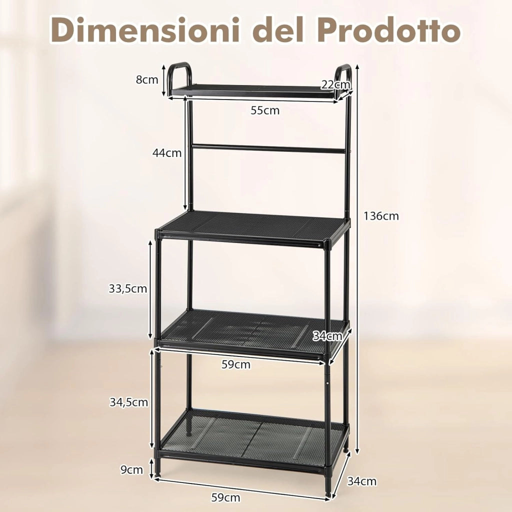 Microonde Scaffale da Cucina per Microonde in Metallo a 4 Ripiani, Carrello per Microonde Scaffalatura Organizzatore Portaoggetti, 60 x 34 x 136 cm (Nero)