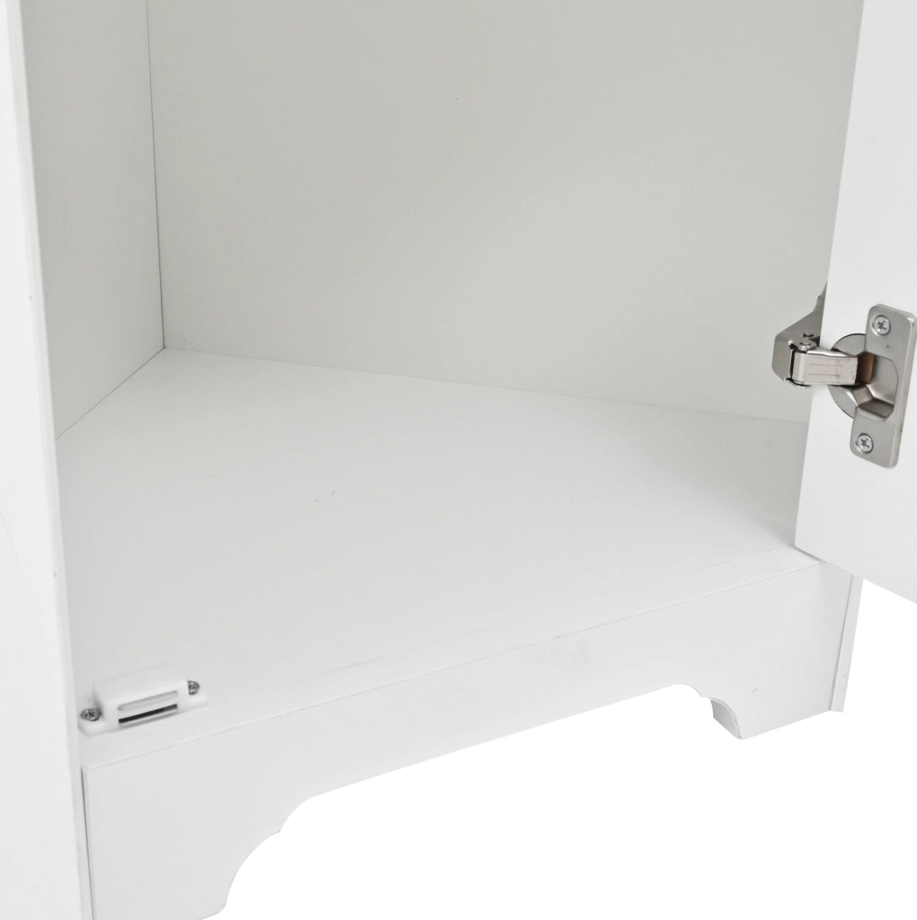 Mobile bagno freestanding con lavabo in ceramica; MDF bianco e maniglie in metallo