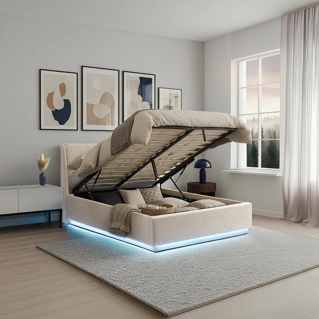 Letto Contenitore Tröstiar con Apertura a Ribalta e Luce LED Letto Francese 140x200 cm Beige [en.casa]