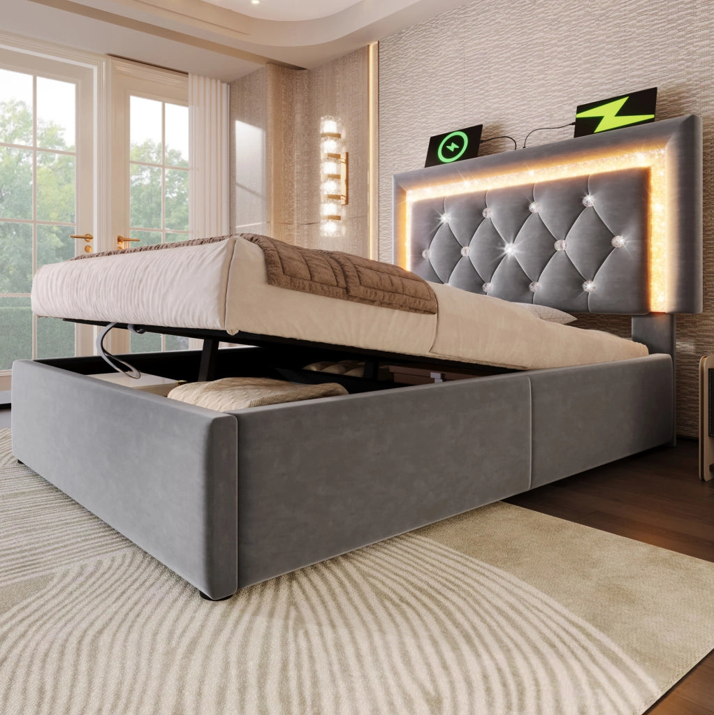 Letto singolo imbottito 90x200 cm con contenitore; LED; USB C e USB; velluto grigio