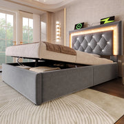 Letto singolo imbottito 90x200 cm con contenitore; LED; USB C e USB; velluto grigio