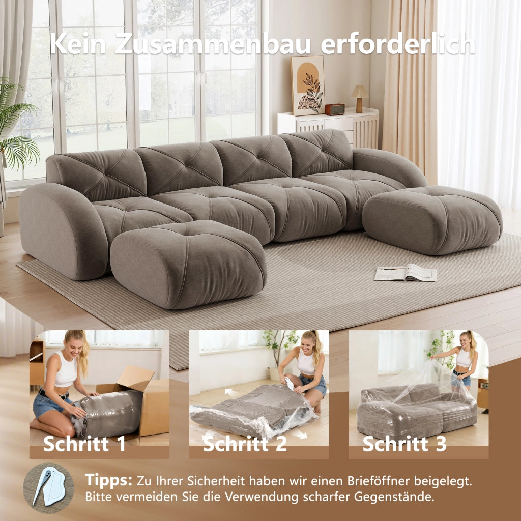 Divano modulare a U 4 posti con 2 pouf in chenille senza struttura interna e montaggio per soggiorno taupe