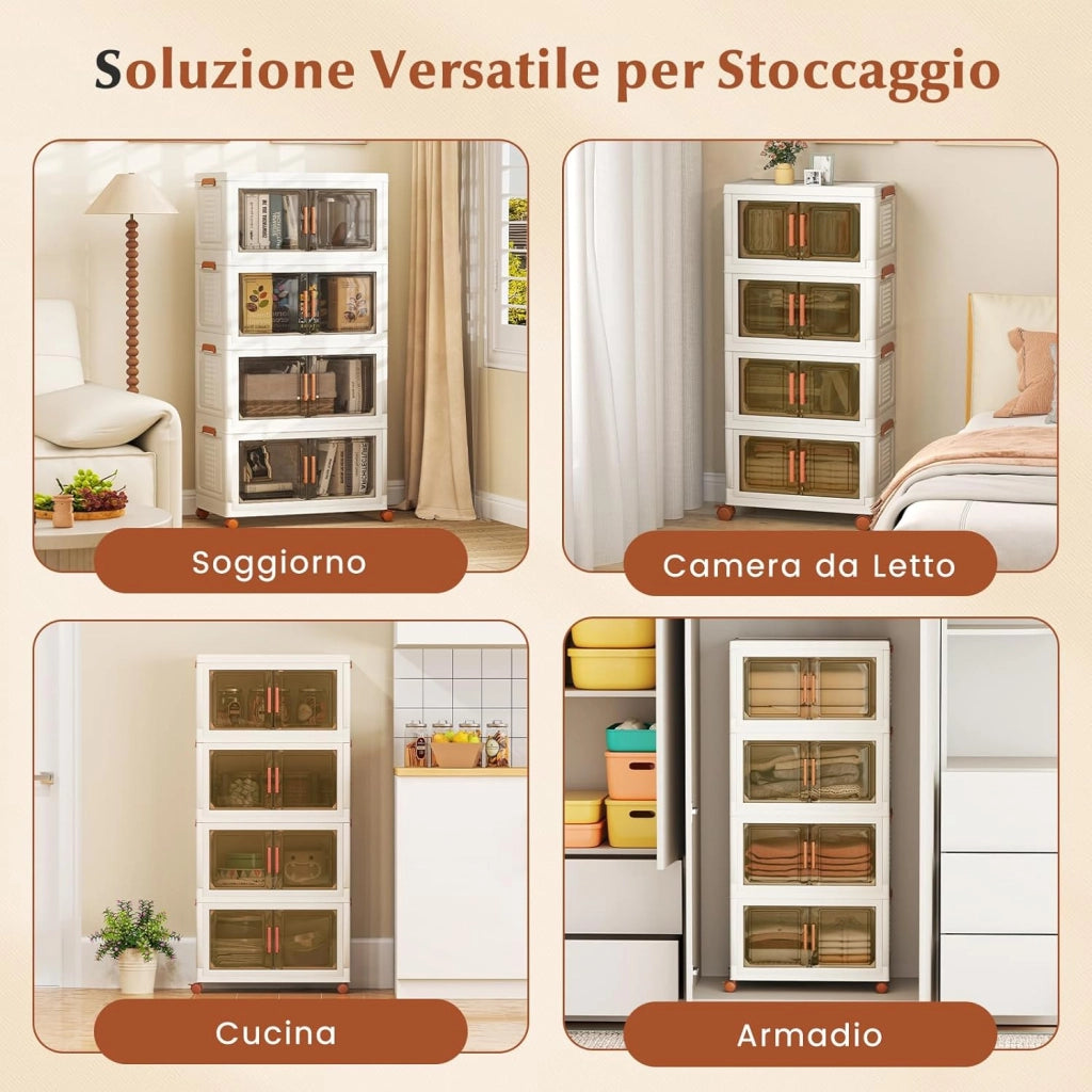 Contenitori Pieghevoli con Coperchio, Set da 4/3 Scatole di Plastica Impilabili con Ruote, per Organizzatore di Armadio con Porte a Apertura Frontale, Multiuso (68,5 x 37,5 x 140 cm)