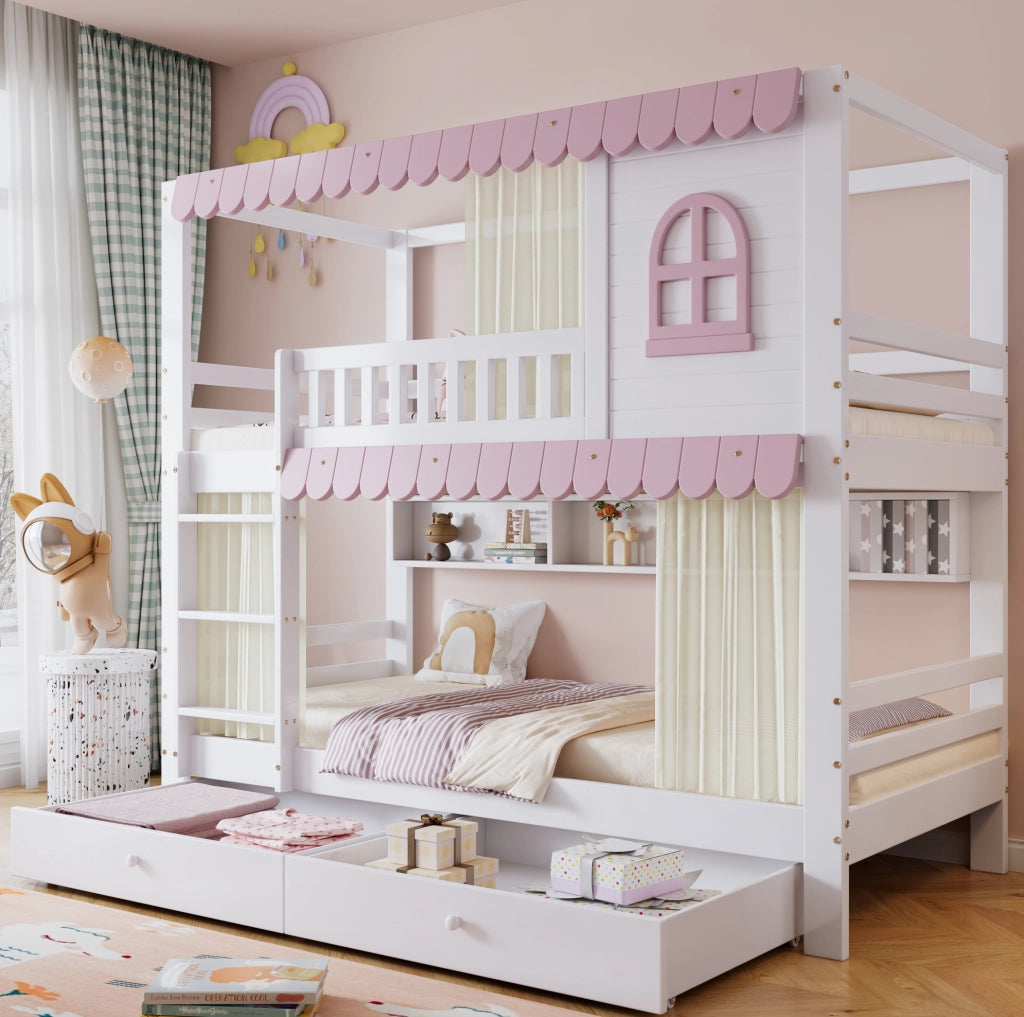 Letto a castello 90x200 cm bianco e rosa con tende, cassetti e ripiani