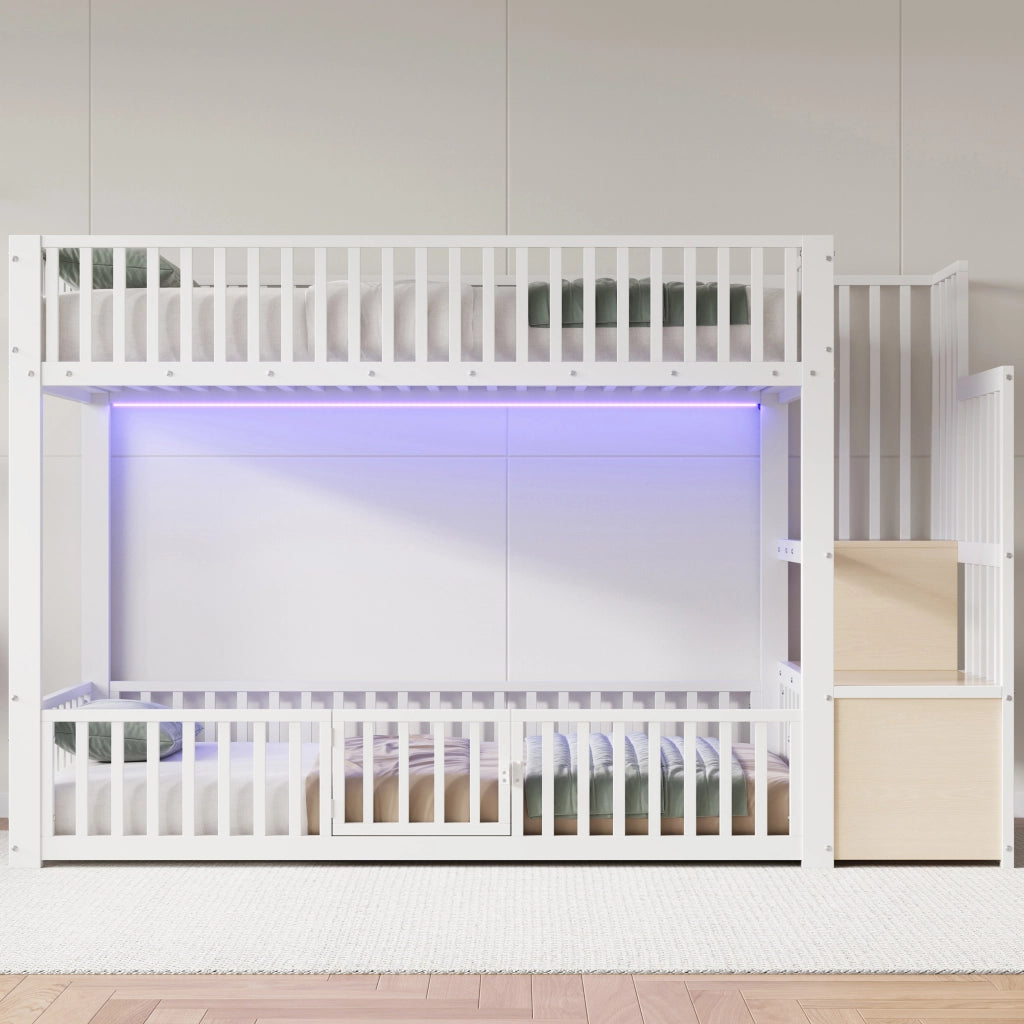 Letto a Castello 90x200 in Metallo Bianco con Scala Contenitore e LED Integrati