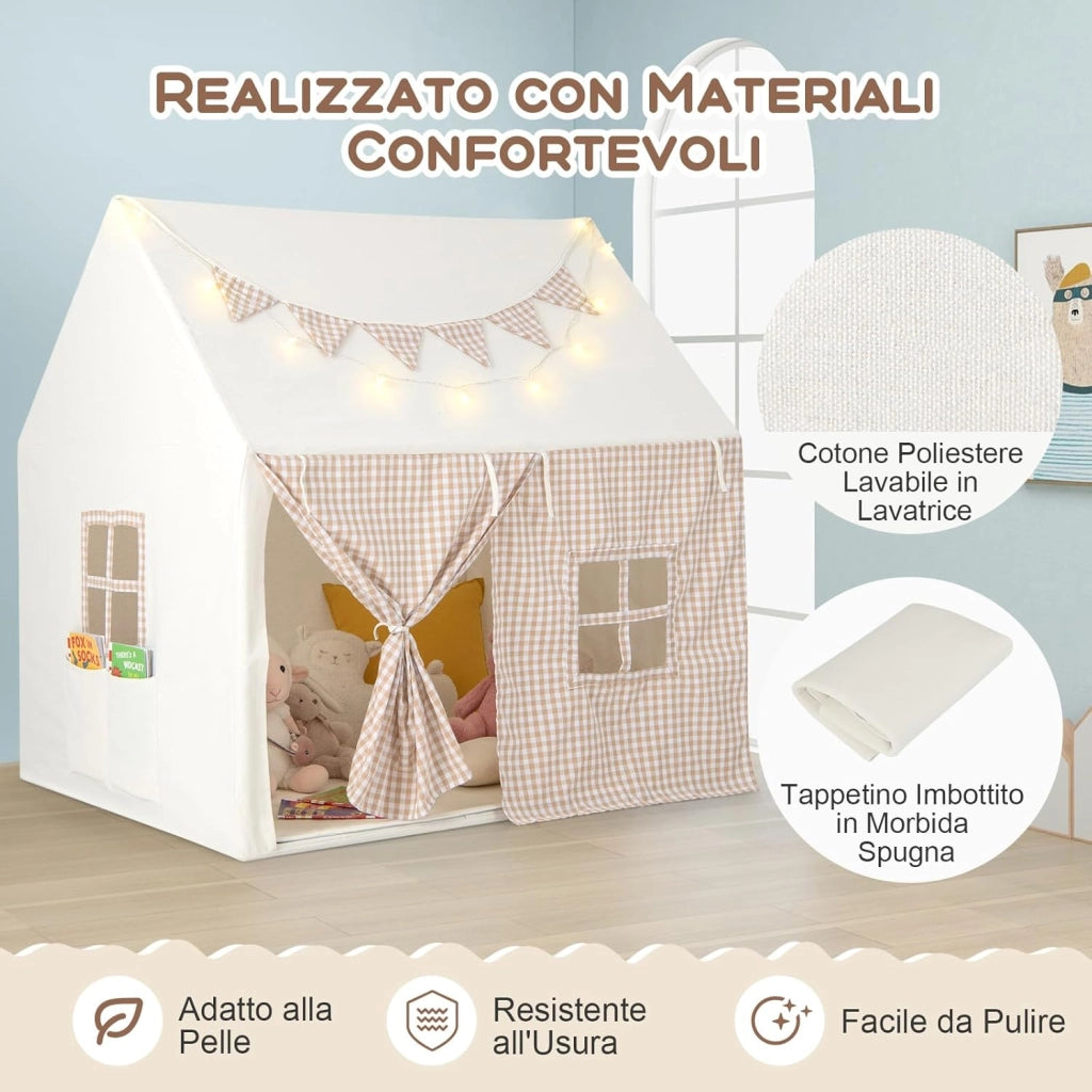Tenda da Gioco per Bambini, Casetta Tenda da Gioco con Tappetino Imbottito, 2 Finestre Traspiranti e 2 Tasche, Luci a Stella e Bandierine Incluse, Tenda per Bambini 3-8 Anni (Beige)