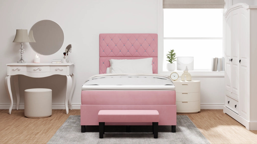 Letto Box Spring con Materasso e Panca Rosa 120x190 cm Velluto