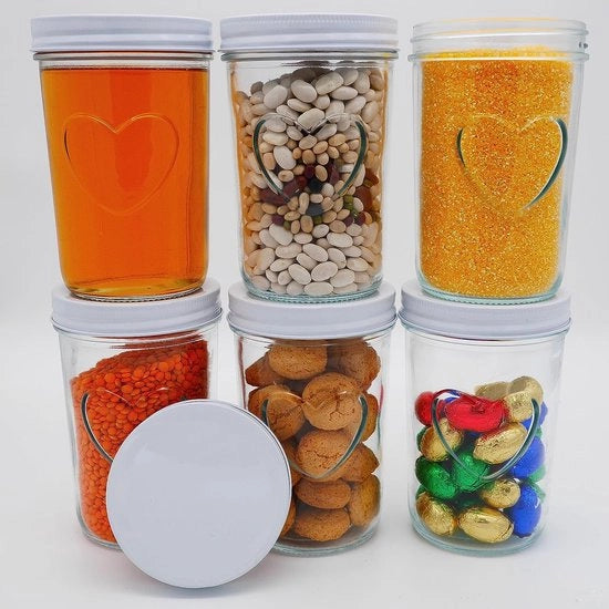 6 contenitori di vetro con coperchio, 500 ml con design a cuore in vetro, per conservazione e congelamento, ideali per regali di Valentino, di Mammina, di nozze, di compleanno, di Natale