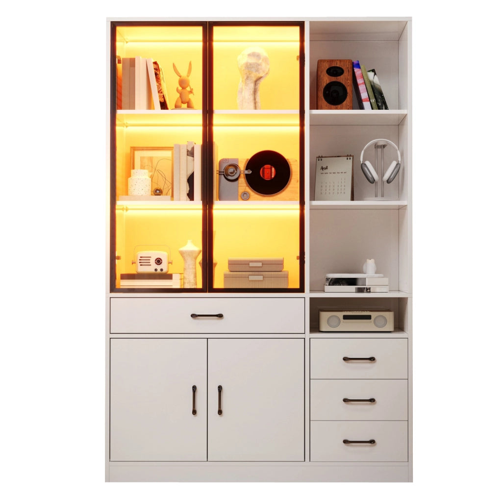 Credenza alta con vetrina in vetro e LED 120x35x200 cm bianca