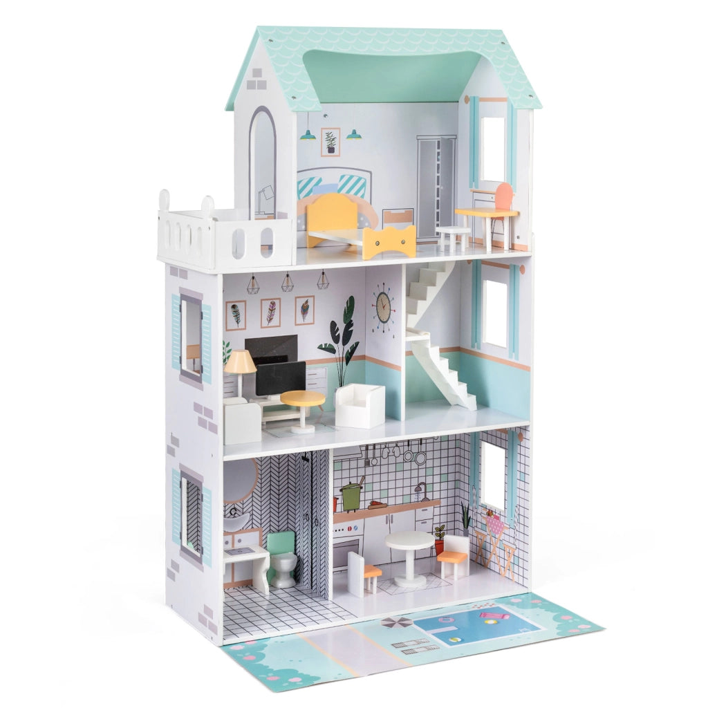 Casa bambole legno 17 pezzi mobili accessori scala racconti immaginativi, Casa bambole villa principessa bambini Verde