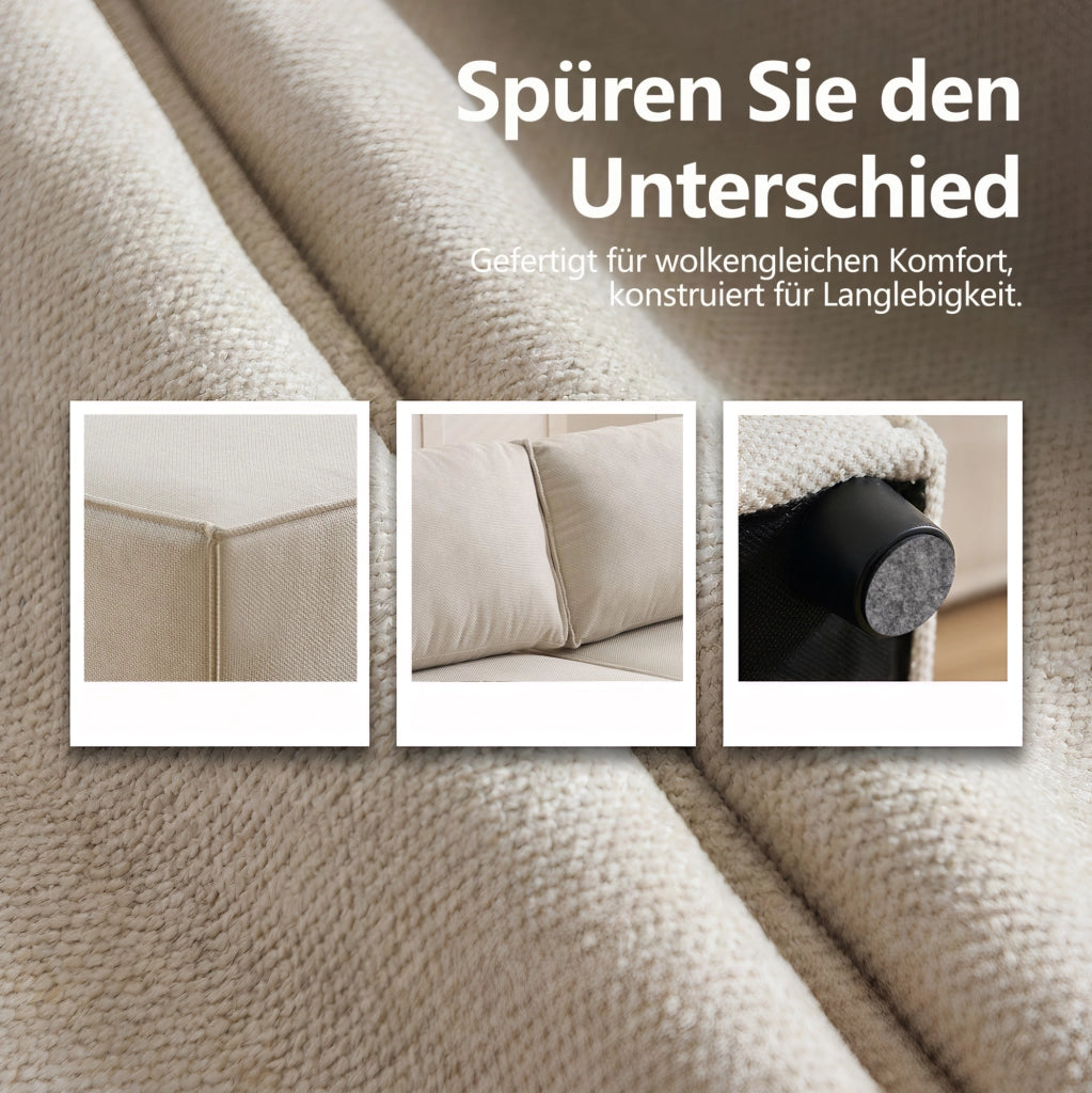 Divano modulare componibile in lino beige con struttura in legno, design versatile e adattabile per ogni ambiente