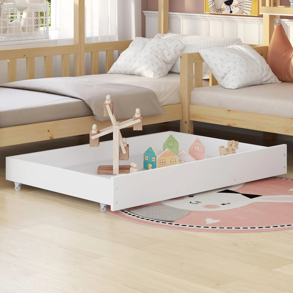 Letto a casa per bambini con cassetti e mensole in legno massello naturale 90x200 cm+140x70 cm