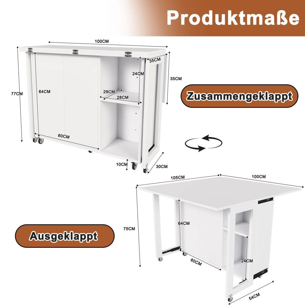 Isola cucina pieghevole 100x105x75 cm in MDF bianco con ruote –