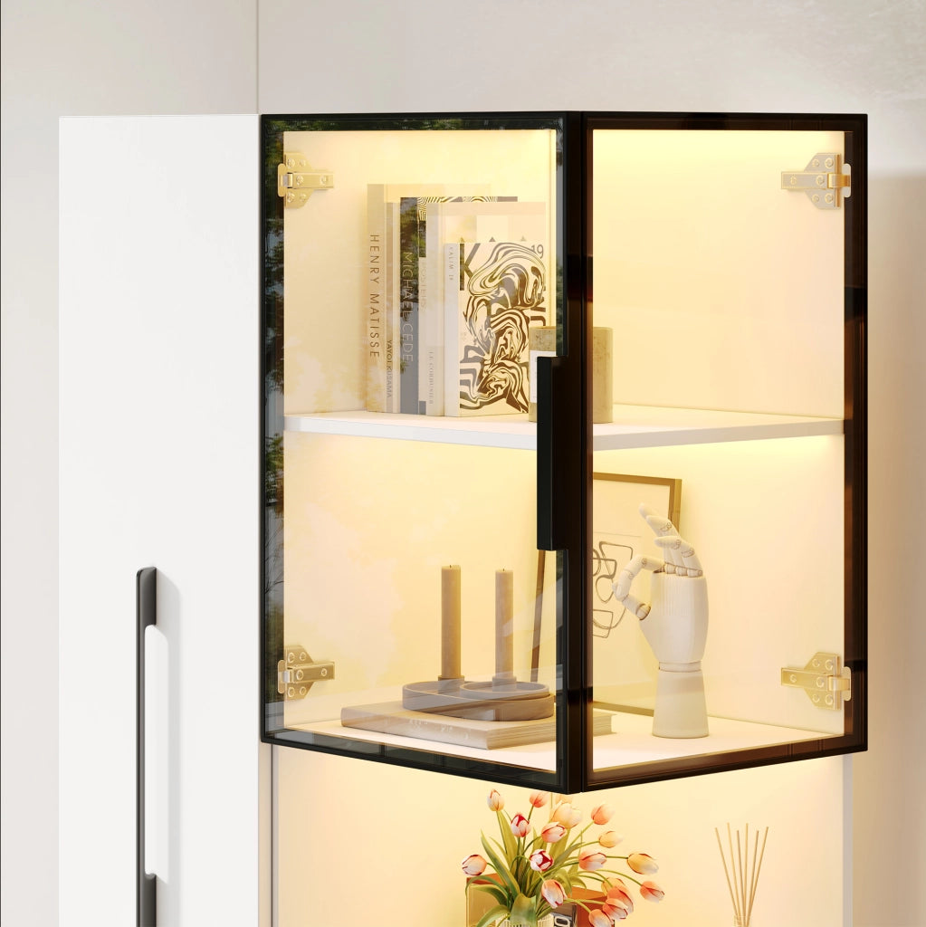 Vetrina alta bianca con LED e ripiani estraibili, 70x38x160 cm