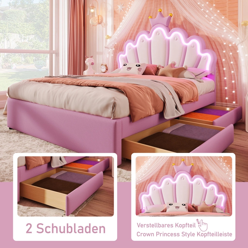 OKWISH Letto Bambini 140×200 cm, Letto Matrimoniale con LED Regolabile, 2 Cassetti e Testiera Regolabile, senza Materasso, in PU, Rosa