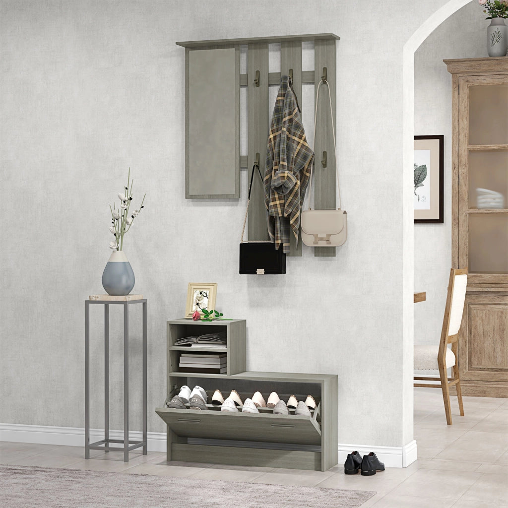 Set Mobili da Ingresso con Appendiabiti, Specchio, Panca con Scaffale e Scarpiera per 8 Paia di Scarpe, Grigio