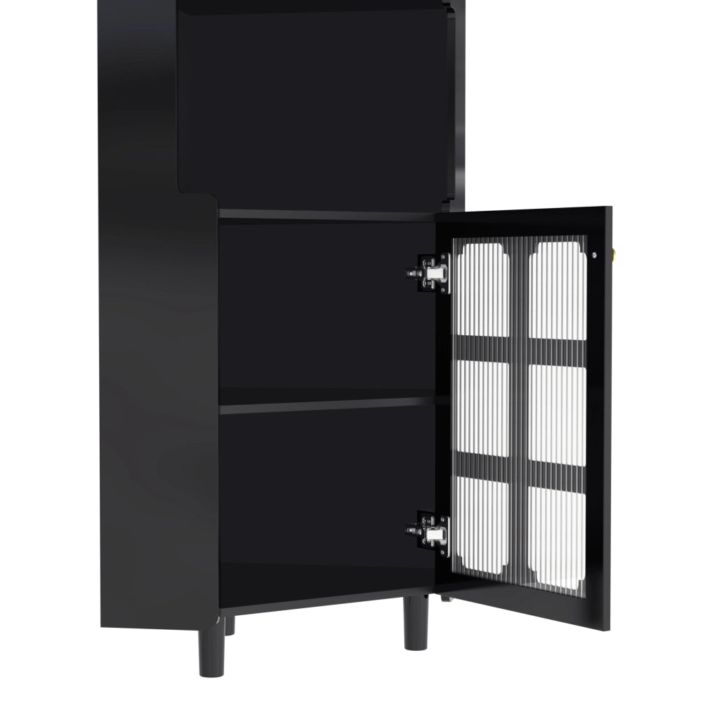 Armadietto angolare con LED e 2 ante in MDF laccato nero con ripiano aperto per soggiorno bagno e camera 63,5 × 157,5 cm