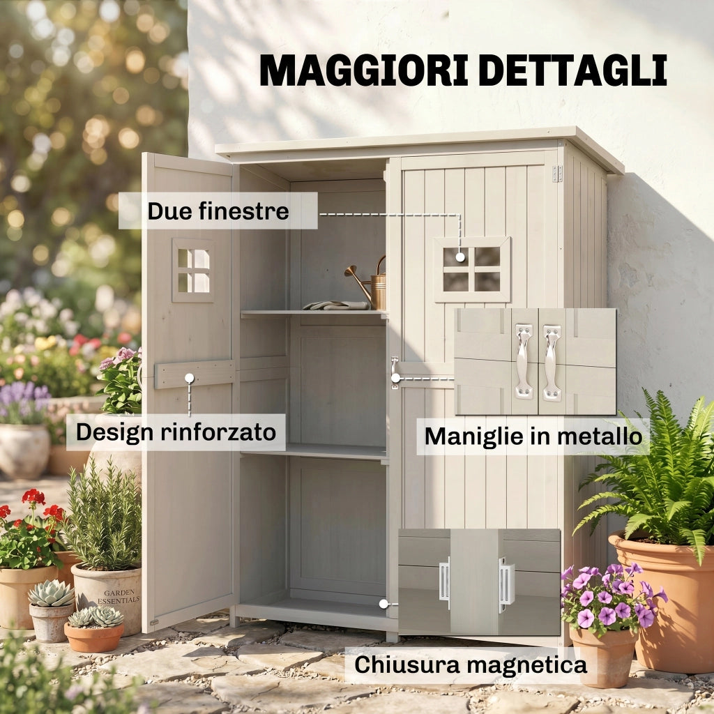 Armadio da Giardino in Legno ¨C Xylo ¨C Grigio Doppia Porta Ripiani Esterno 127,5x50x164 cm