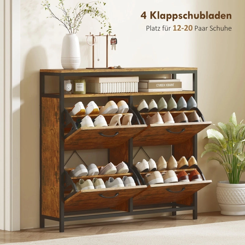 Scarpiera con 4 ante ribaltabili e ripiano aperto, stile industriale, per ingresso, in legno, 98 × 24 × 95 cm