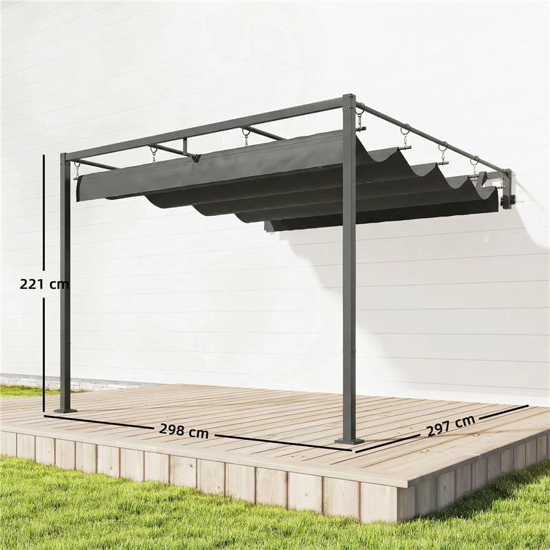 PERGOLA ADDOSSATA 3X3 M CON TETTO RETRATTILE SCORREVOLE UV30+ E FORI DI DRENAGGIO, GRIGIO SCURO