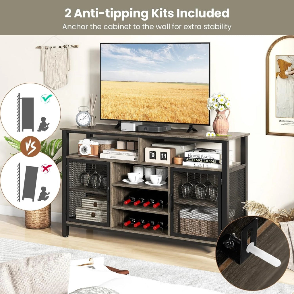 Credenza da Cucina con Portabottiglie e Portabicchieri, Mobiletto Porta TV 60", Armadietto Portaoggetti con Contenitore per Sala da Pranzo, Soggiorno, 140 x 40 x 82,5 cm (Grigio)