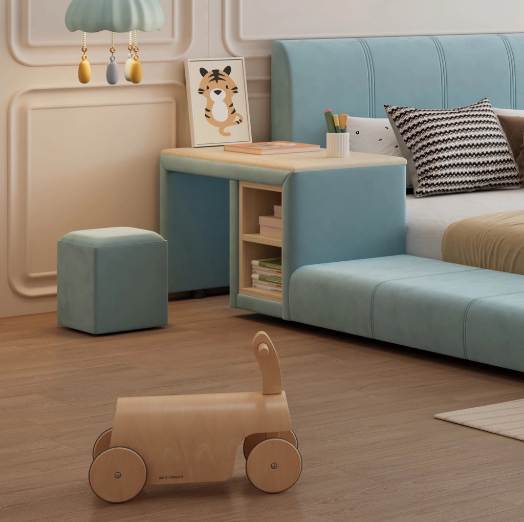 Letto imbottito blu 140x200 cm con scrivania laterale, sgabello e ripiani