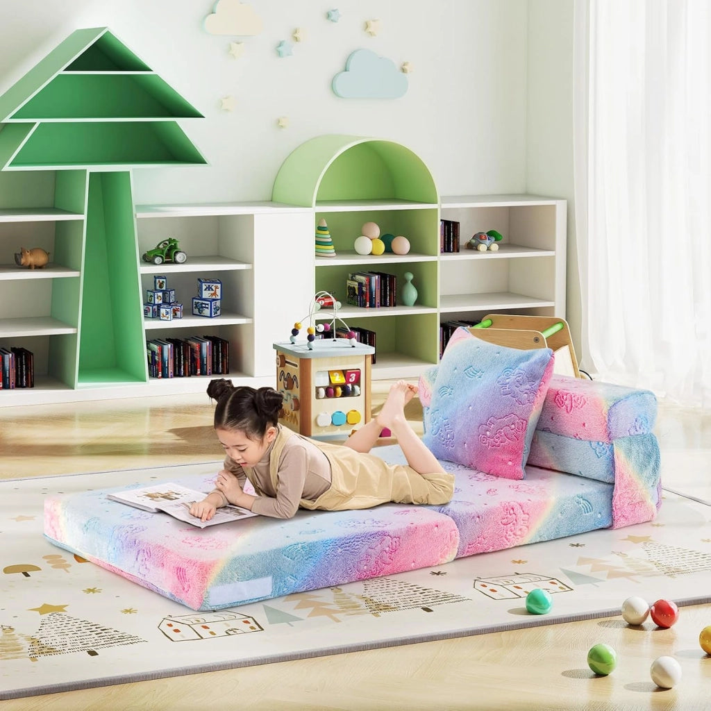 Divano Pieghevole per Bambini, Materasso in Schiuma da Pavimento Luminoso al Buio con Cuscino e Copertura Lavabile in Lavatrice, Letto per Bambina